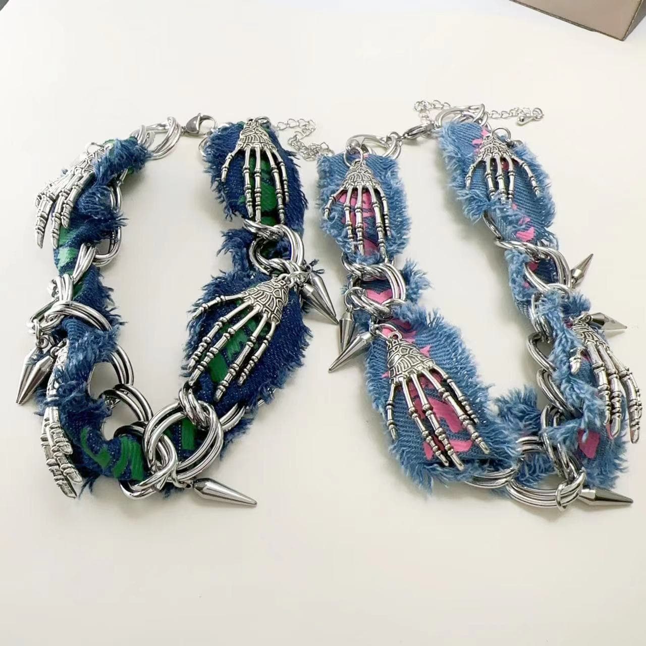 Denim raw hem hand bone choker necklace