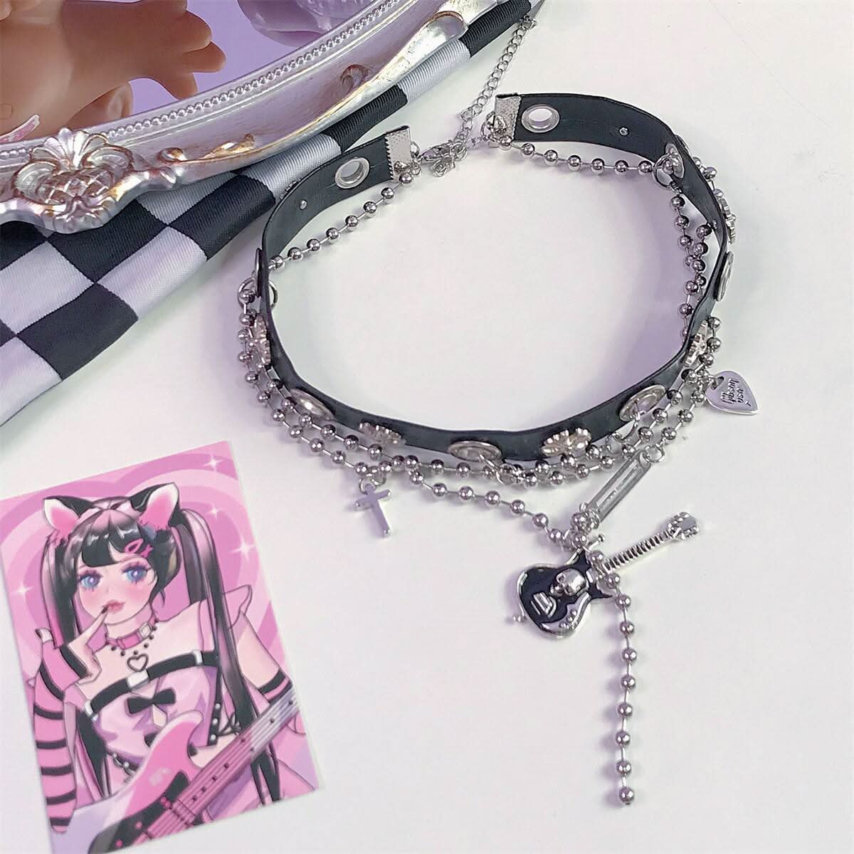 Guitar decor metal chain PU leather cross choker necklace