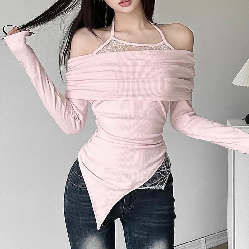 Ruched lace off shoulder halter long sleeve irregular top-final-sale