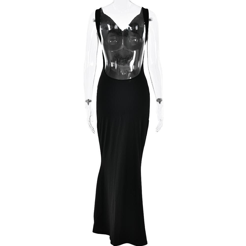 Cowl neck solid backless ruched hollow out cut out maxi dress