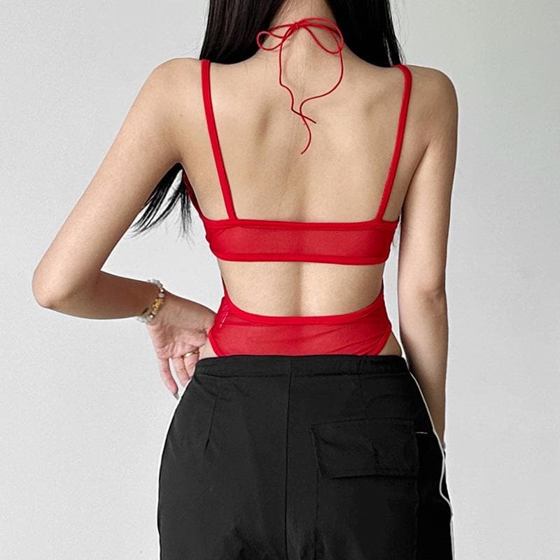 Mesh hollow out stitch ruffle solid cami bodysuit