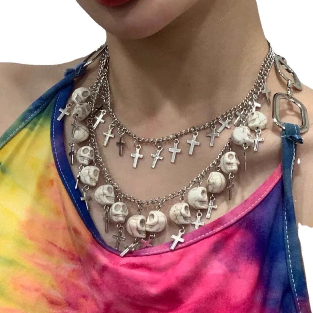 Skull pendant layered metal chain choker necklace
