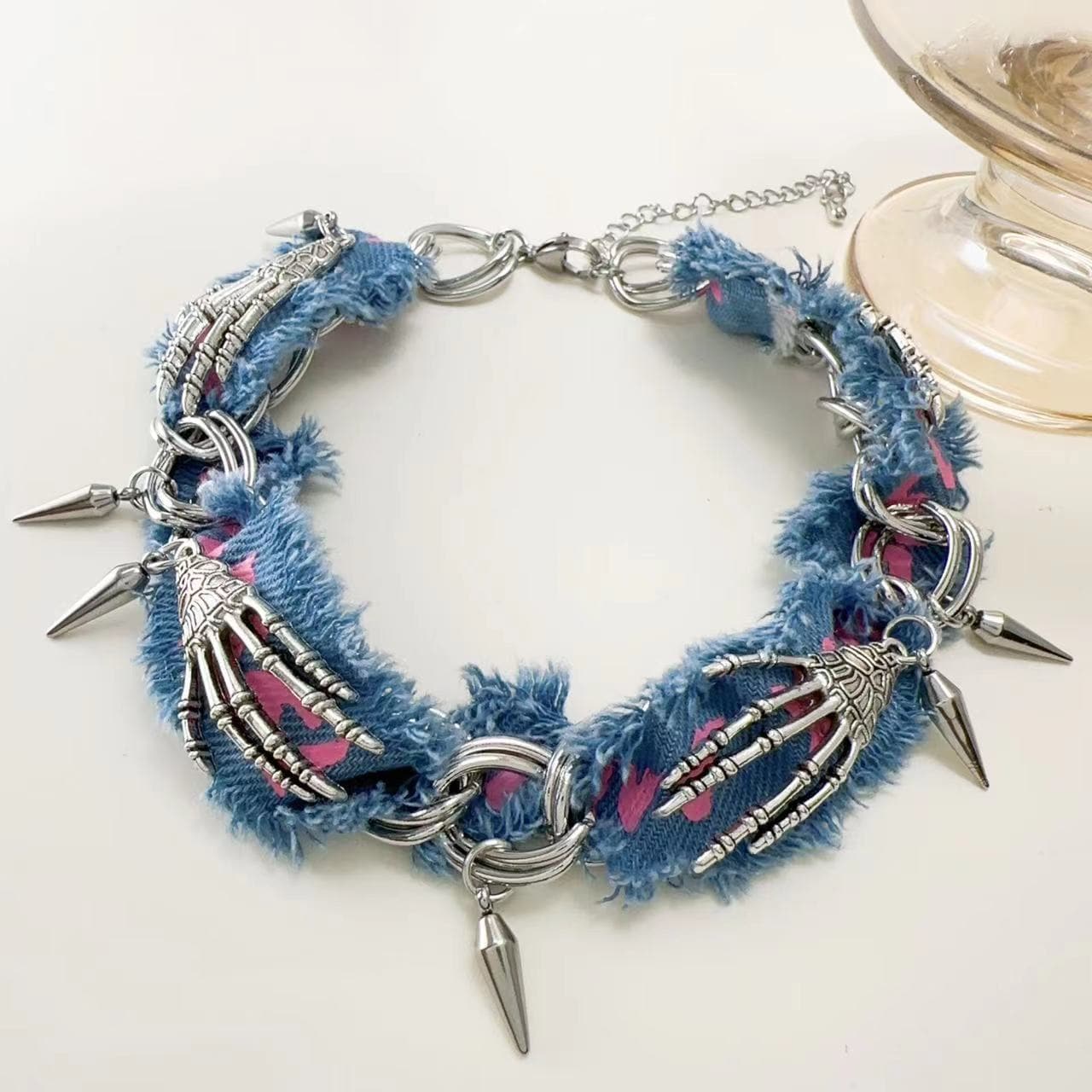 Denim raw hem hand bone choker necklace