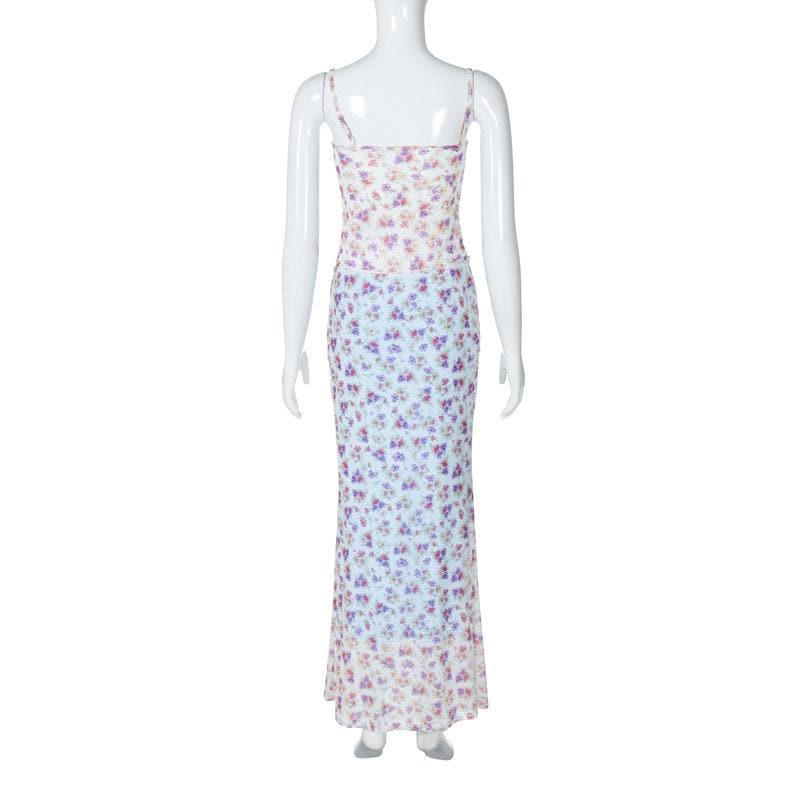 Print ruched high slit sweetheart neck mesh cami maxi skirt set
