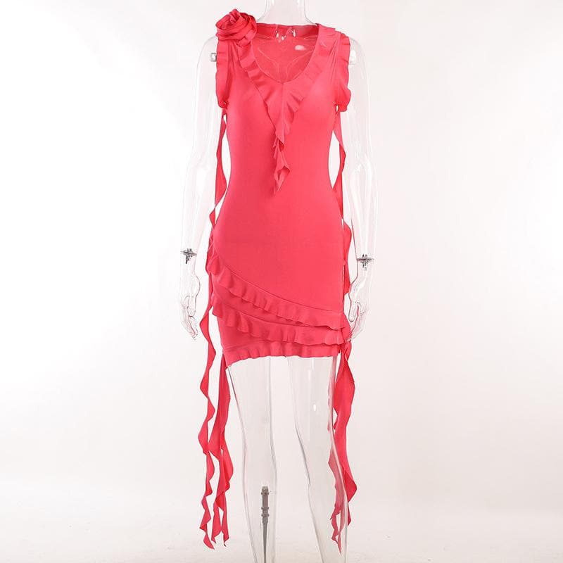V Neck Floral Applique Ruffle Ribbon Asymmetric Hem Mini Dress