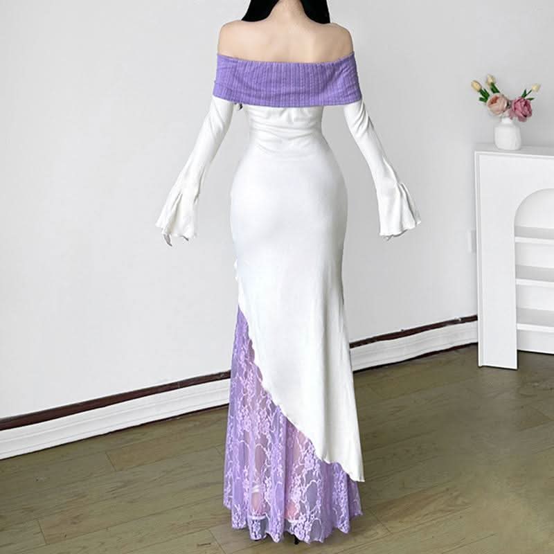 Off shoulder long sleeve knitted patchwork lace print maxi dress