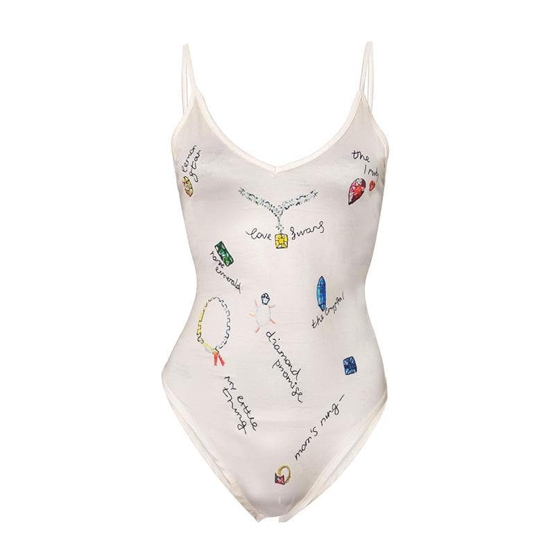 V neck backless print cami bodysuit