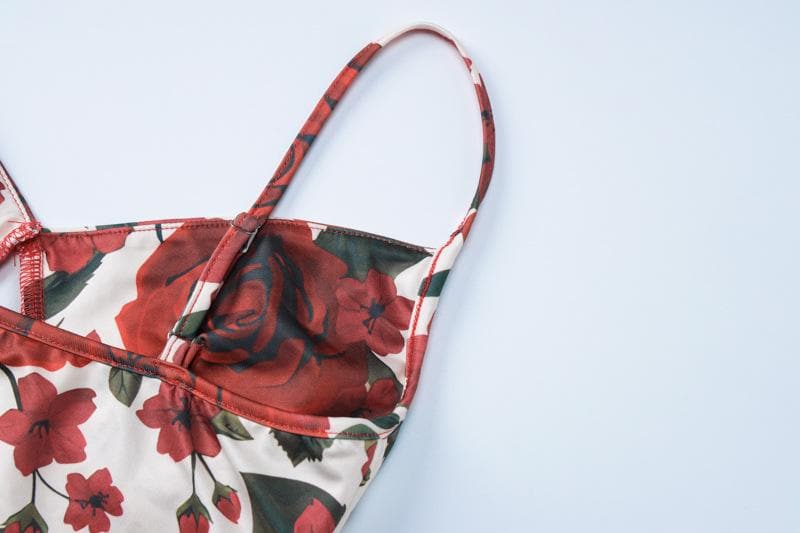 V neck backless flower print cami maxi skirt set