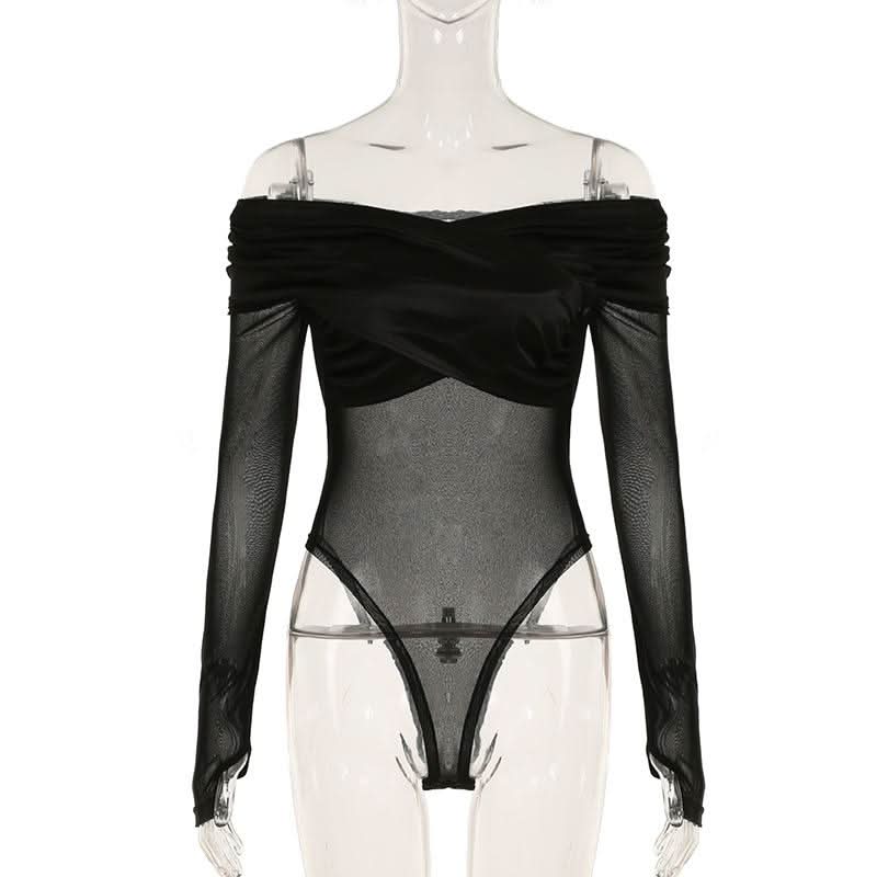 Off shoulder long sleeve mesh bodysuit