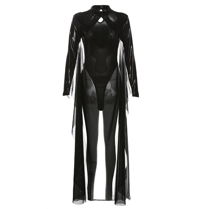 Long sleeve high neck PU leather hollow out mesh bodysuit-final-sale