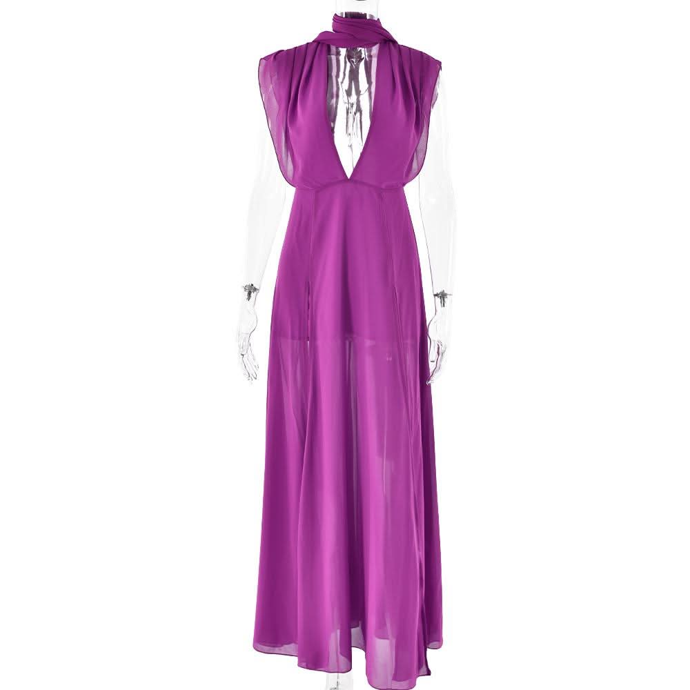 Slit deep V neck backless self tie solid maxi dress