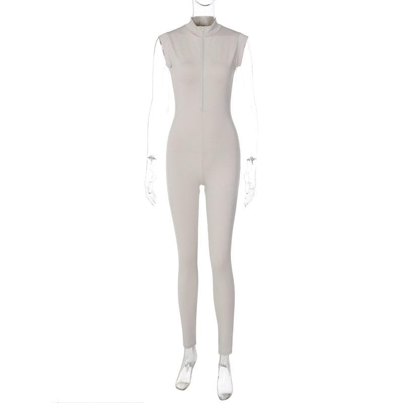Cap sleeve zip-up high neck solid jumpsuit