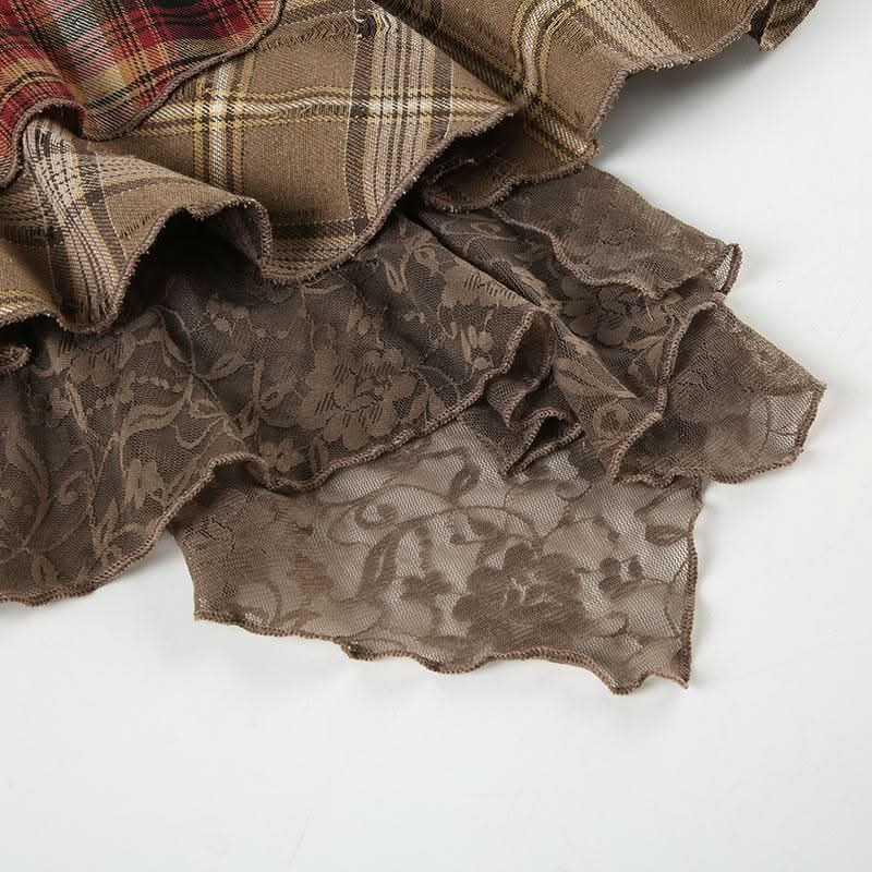 PU leather plaid patchwork belt lace hem mini skirt