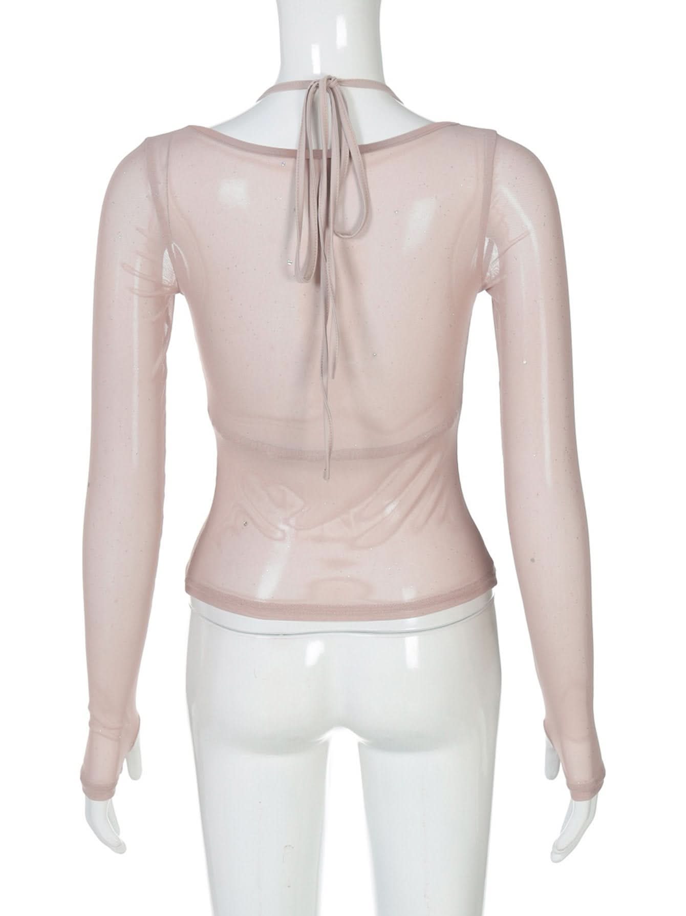 Halter v neck long sleeve mesh 2 piece top