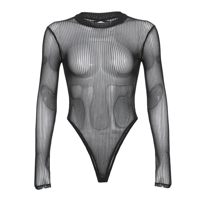 Long sleeve sheer mesh striped bodysuit