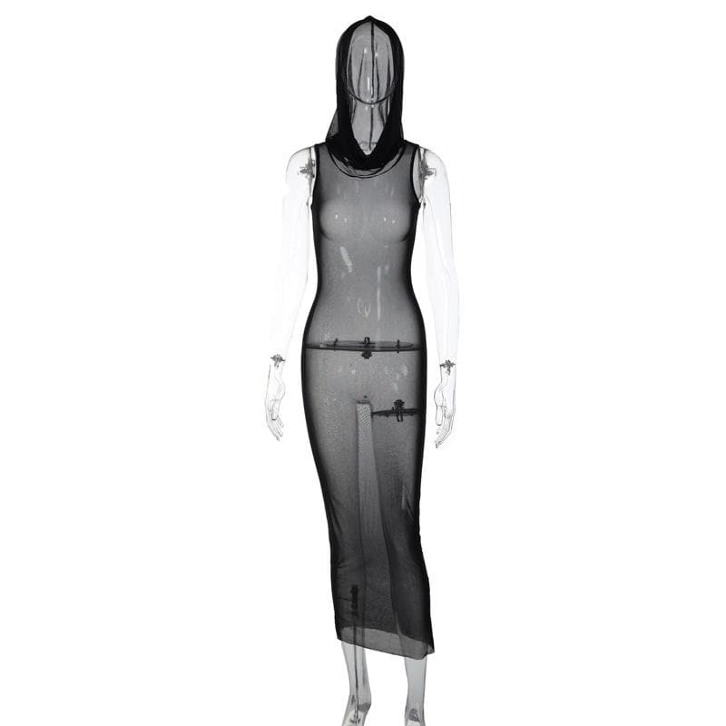 Sheer Mesh Mock Neck Sleeveless Bodycon Maxi Dress
