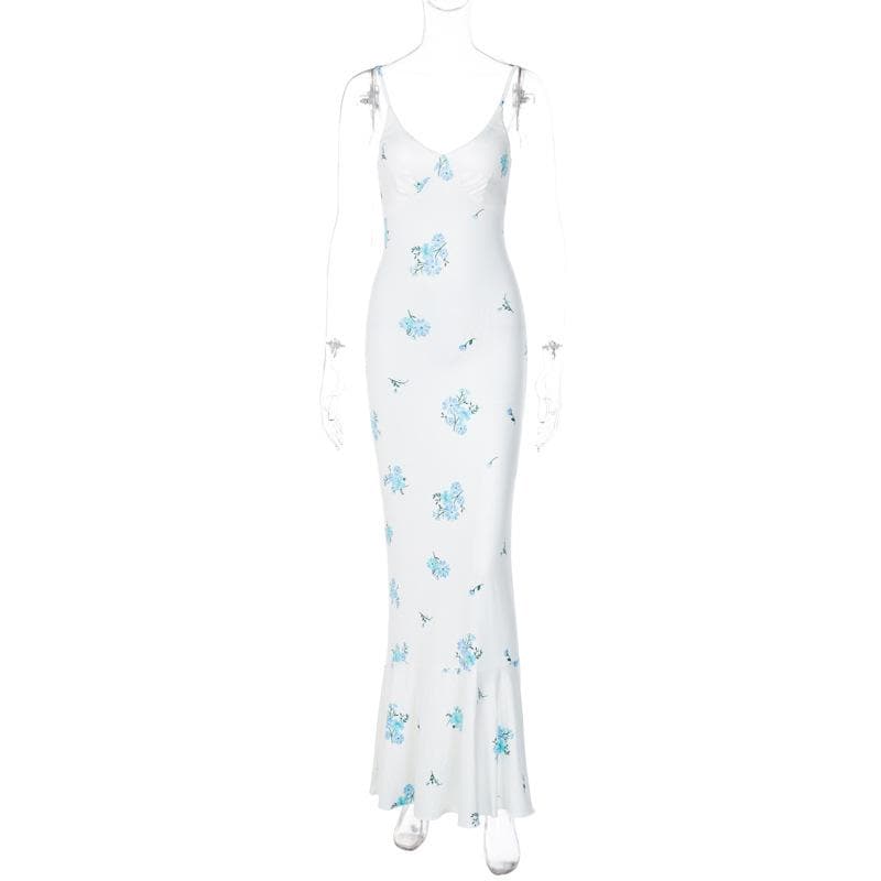 Spaghetti Strap V Neck Ruched Floral Print Mermaid Hem Maxi Dress