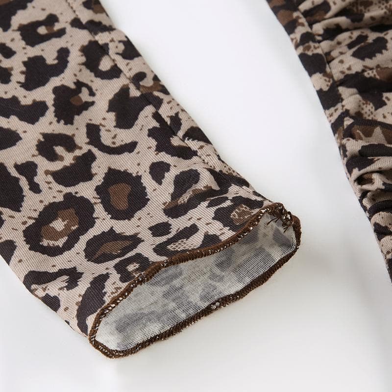 Long sleeve ruffle leopard print bowknot ribbon top