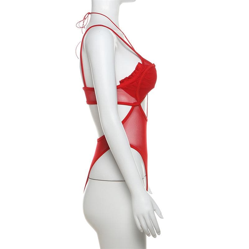 Mesh hollow out stitch ruffle solid cami bodysuit