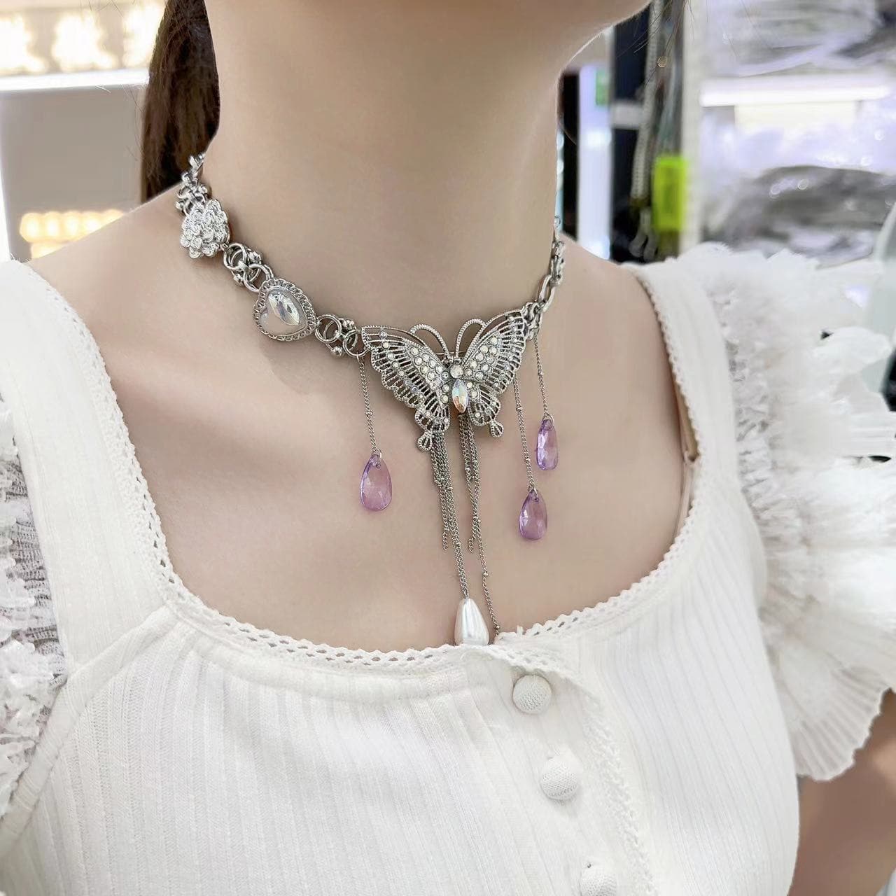 Purple crystal 2 pcs butterfly decor choker necklace