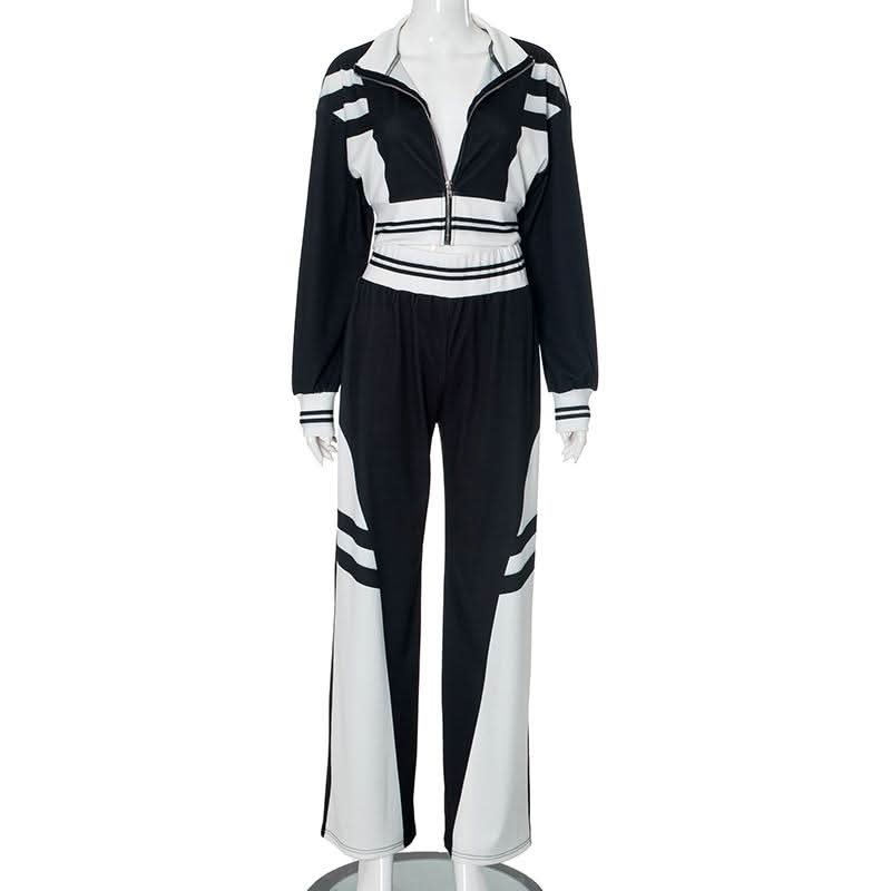 Turnover collar zip-up contrast sports pants set