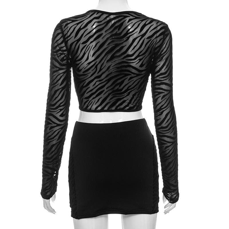 Long sleeve hollow out zebra print see through mini skirt set