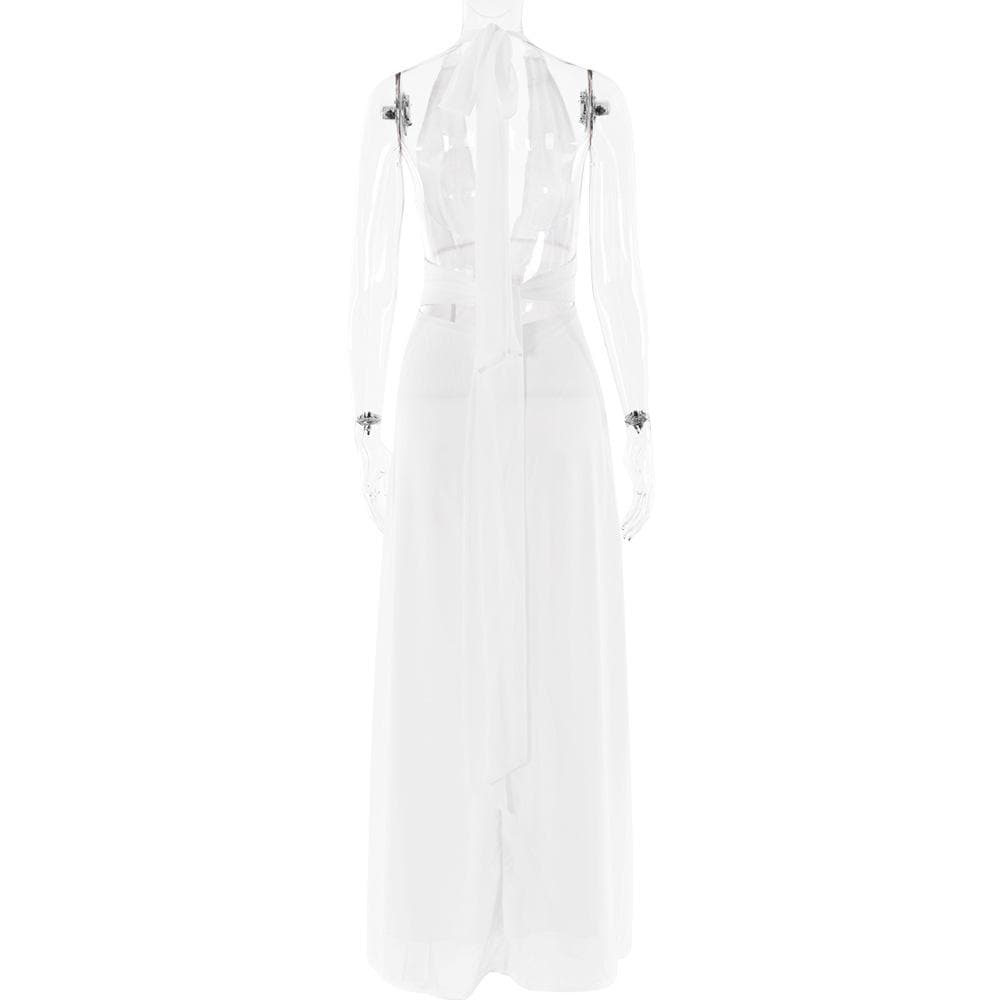 Halter deep v neck ruched high slit maxi dress