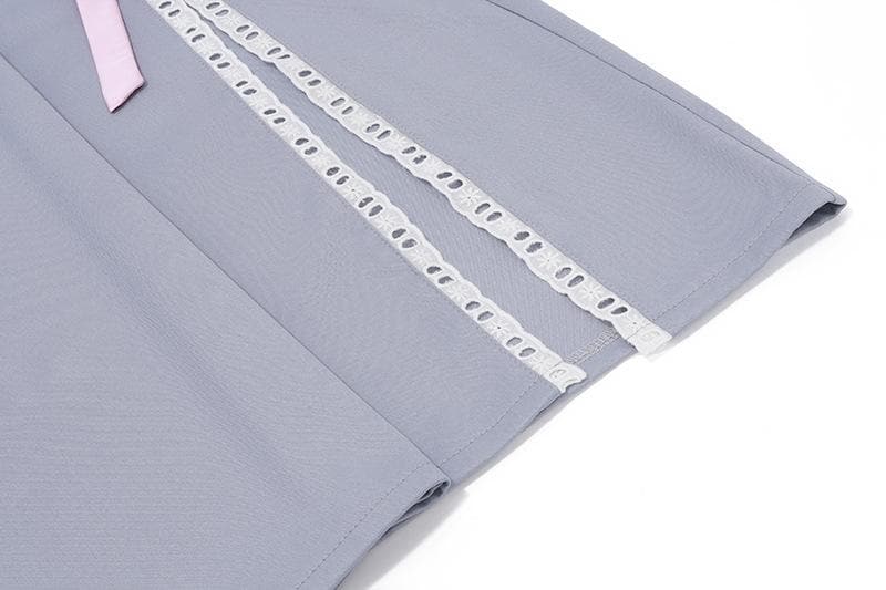 Bowknot slit lace hem denim zip-up hollow out irregular cut out midi skirt