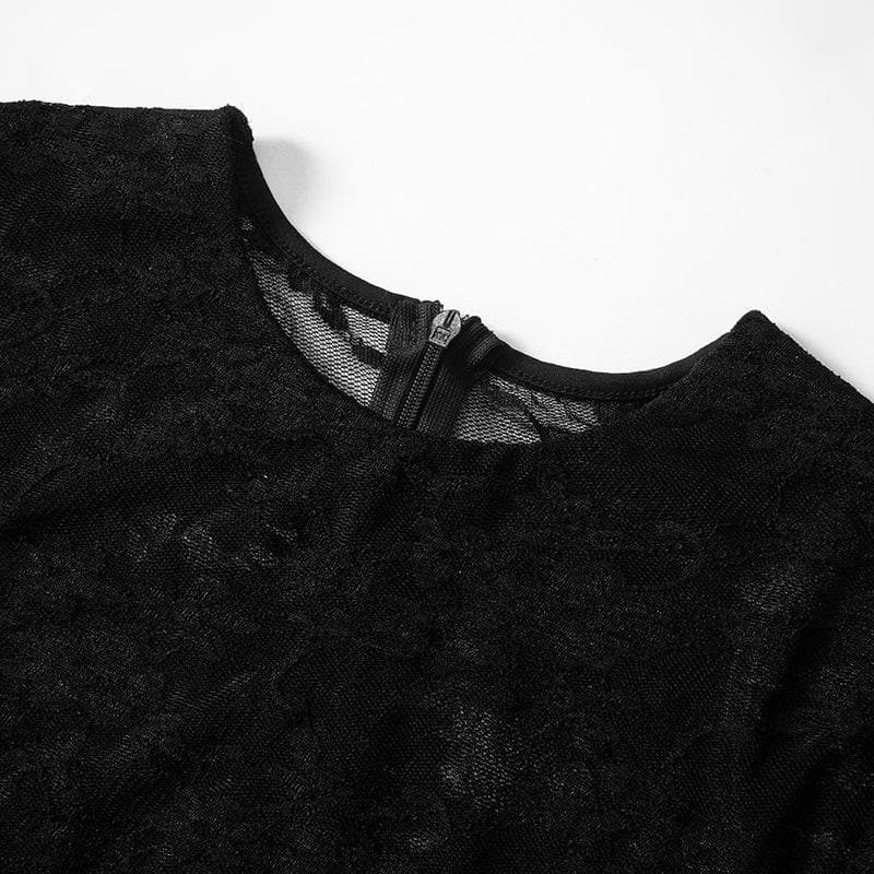 Long sleeve crewneck lace see through zip-up jumpsuit