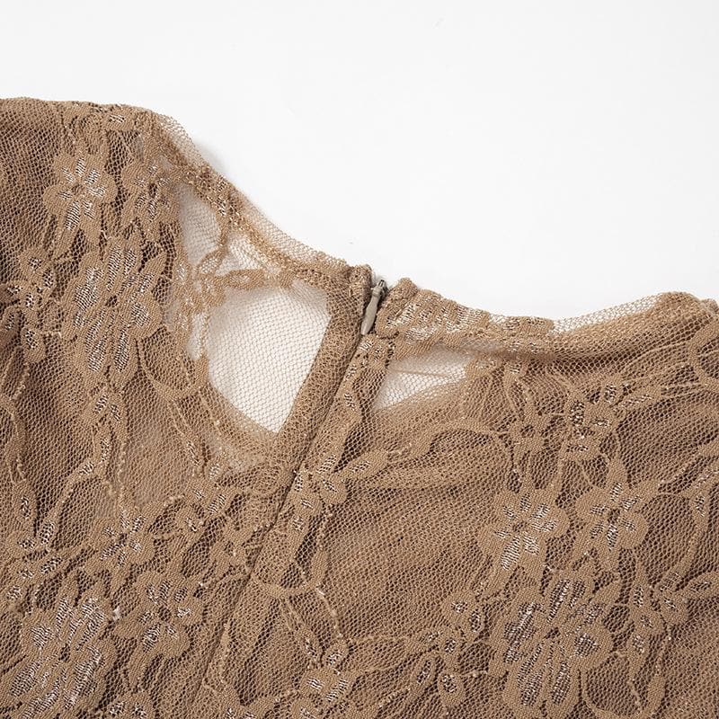 Long sleeve ruched lace zip-up see through 2 piece jumpsuit