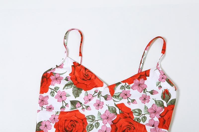 V neck flower print cami maxi skirt set