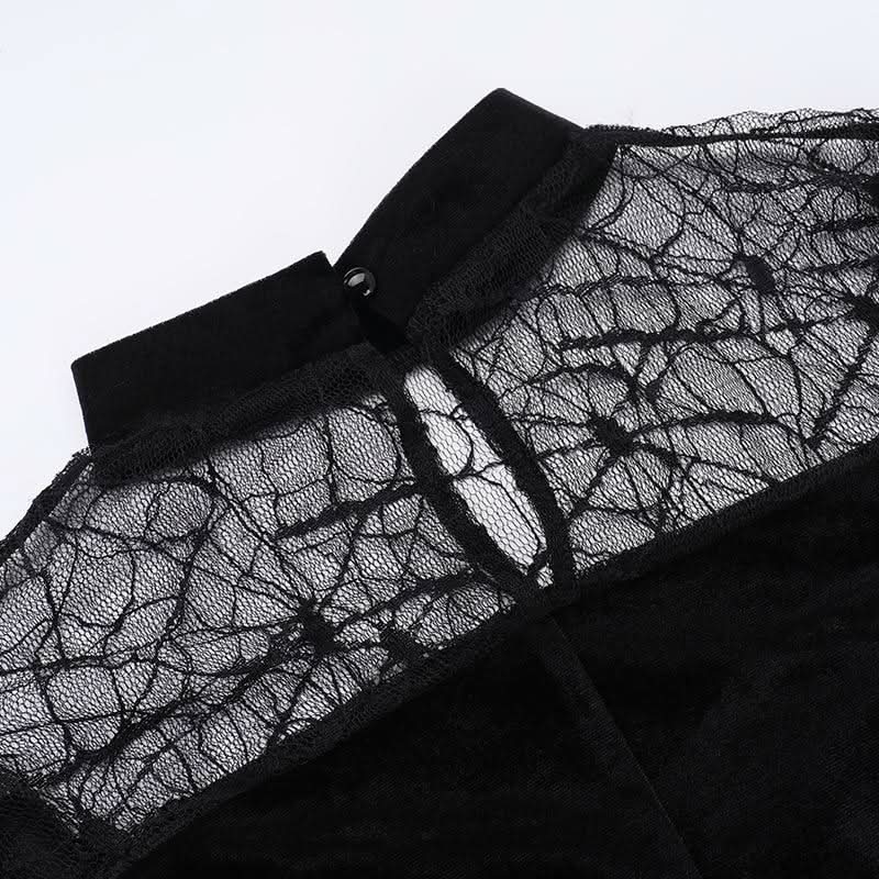 Long flared sleeve velvet patchwork spider web maxi dress