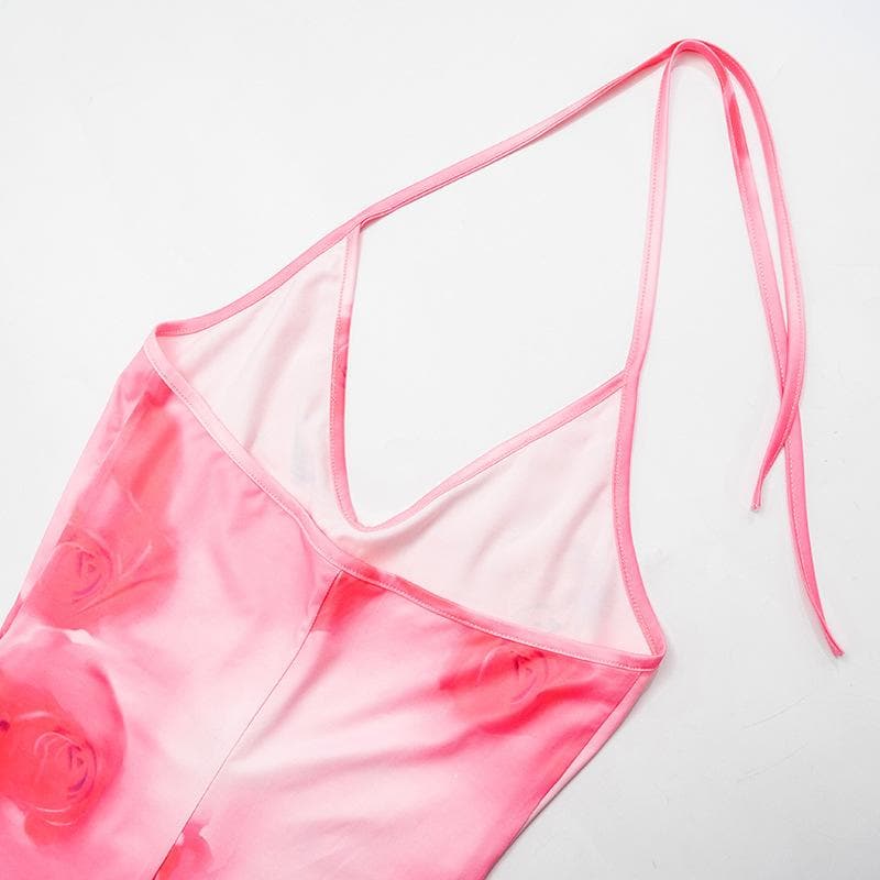 Halter rose print u neck backless self tie maxi dress