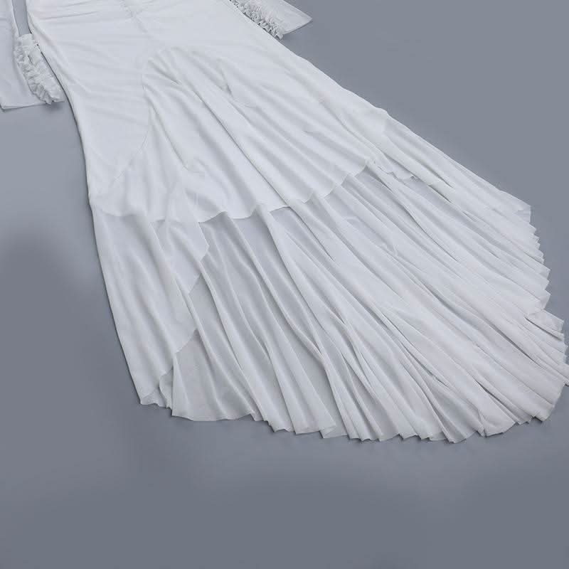 Hollow out long sleeve ruched ruffle mesh cut out maxi dress