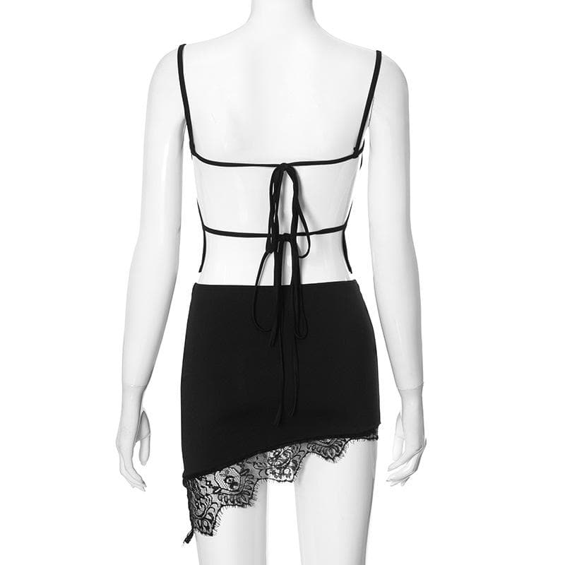 Lace hem backless irregular solid cami mini skirt set