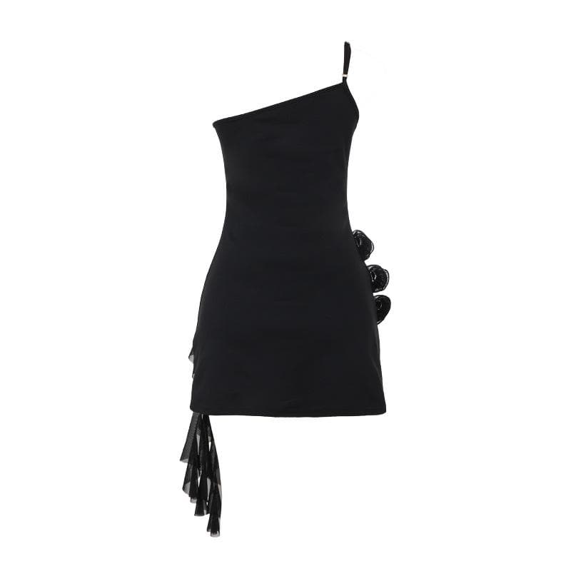 One shoulder ruffle flower applique mini dress