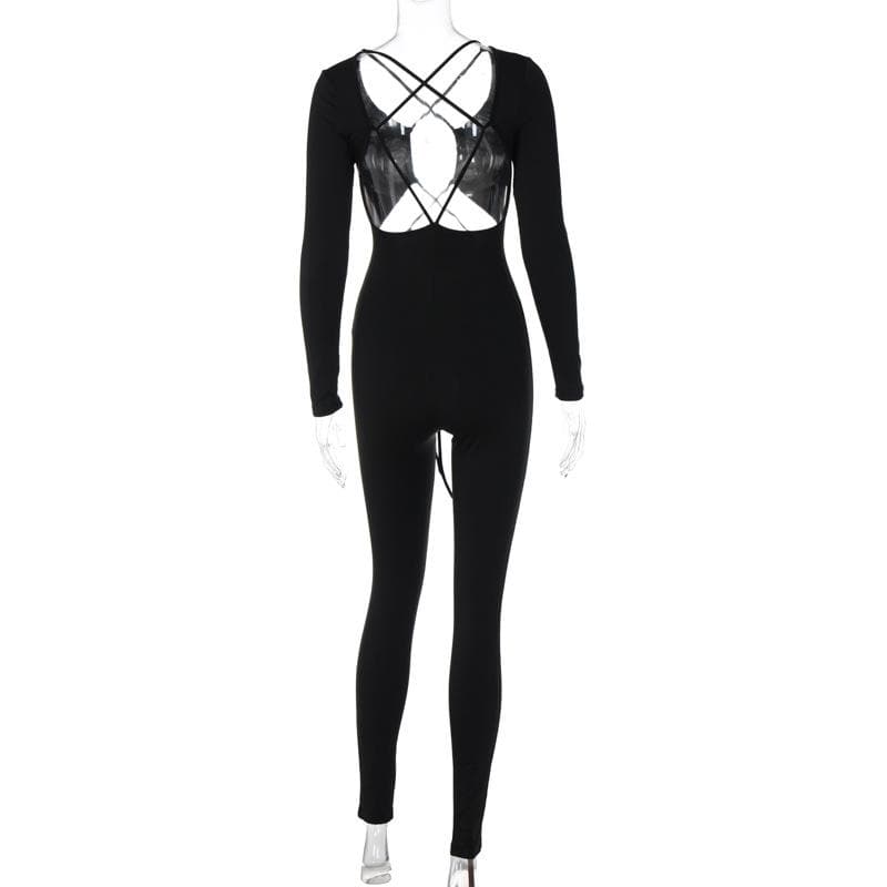 Cross front long sleeve hollow out lace up solid jumpsuit - Final Sale