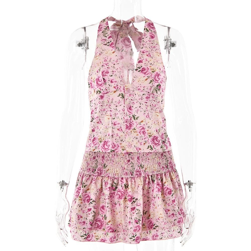 Halter smocked button flower print mini skirt set