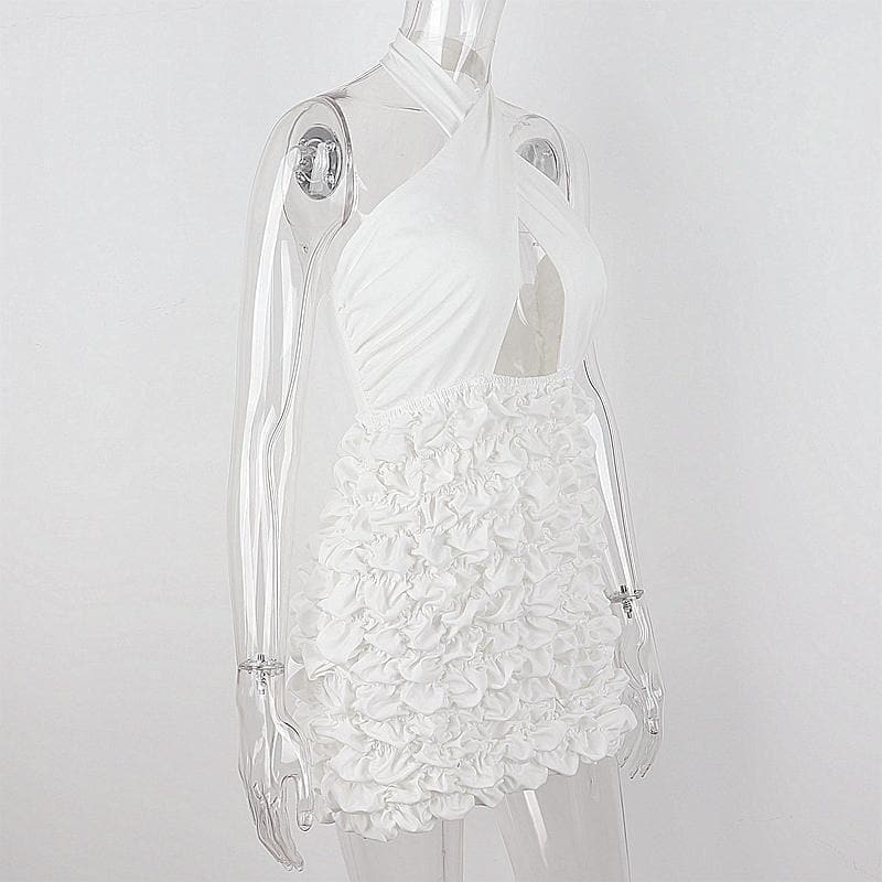 Crossover Halter Keyhole Cutout Tiered Ruffle Mini Dress