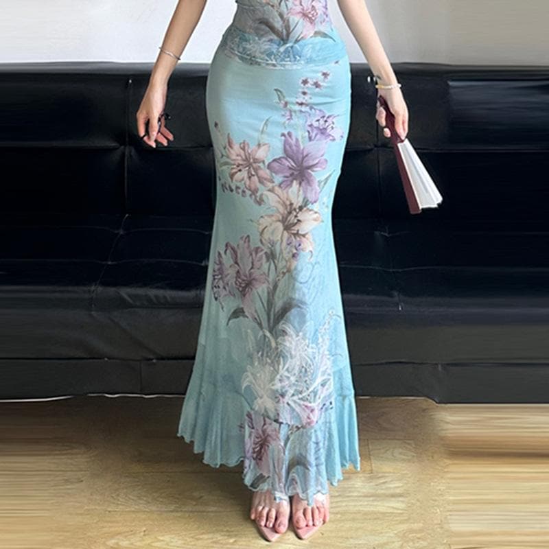 Ruched ruffle cowl neck flower print mesh maxi skirt set