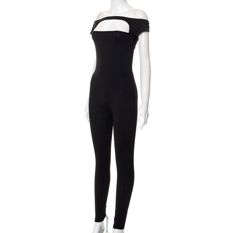 Short sleeve hollow out solid off shoulder backless jumpsuit