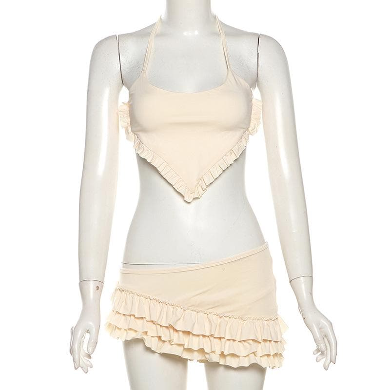 Ruffle halter self tie irregular u neck 3 piece mini skirt set