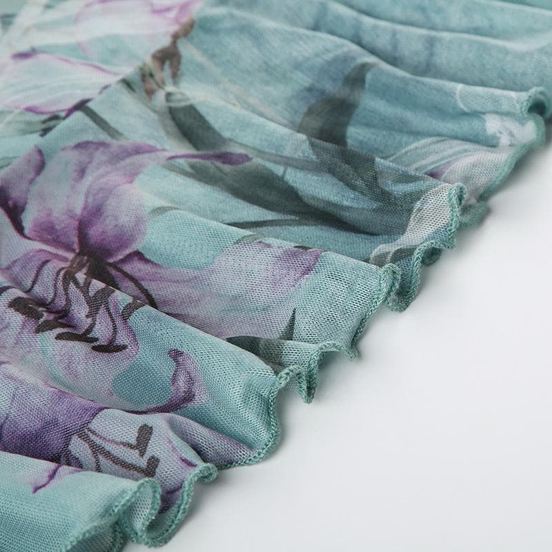 Ruched ruffle cowl neck flower print mesh maxi skirt set