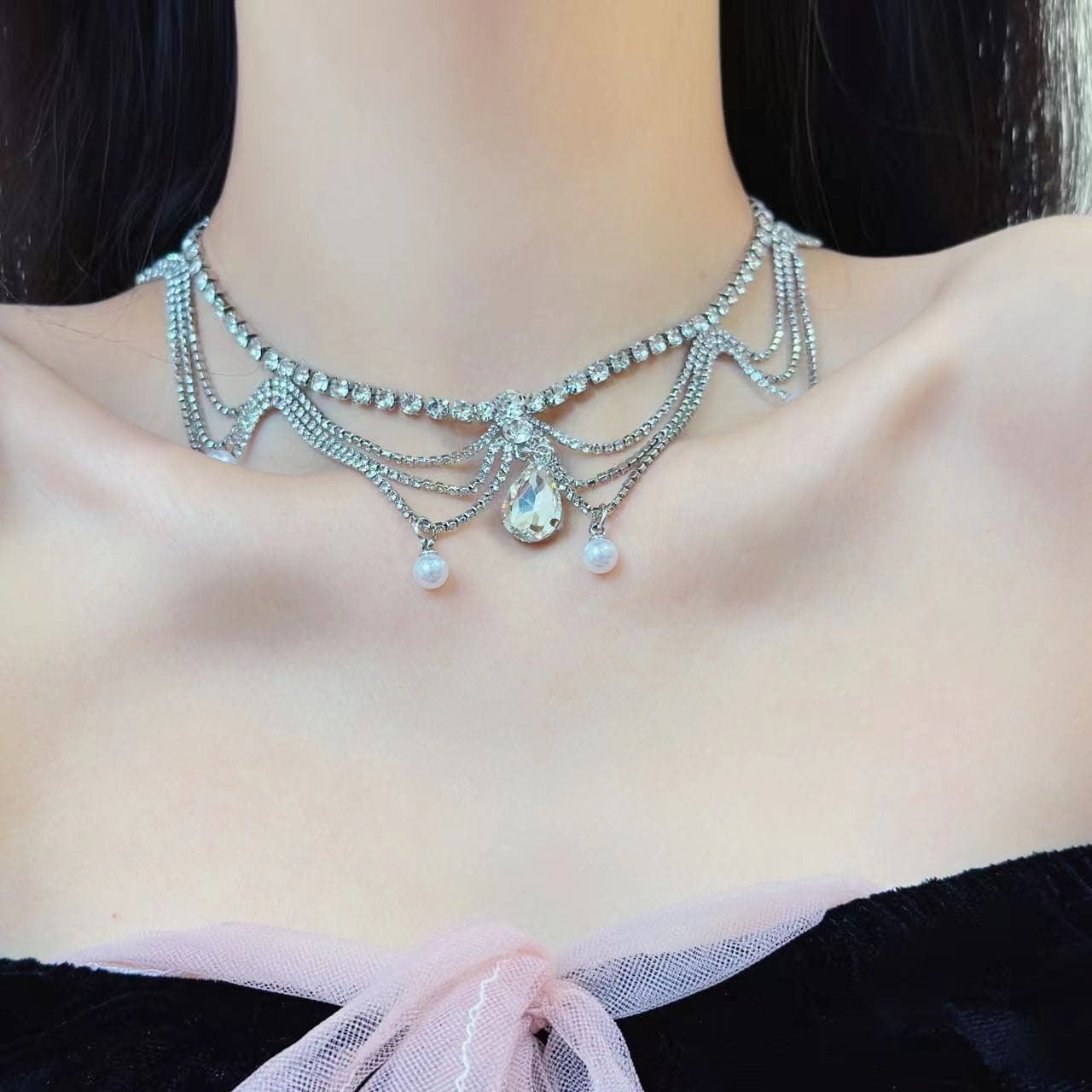 Layered rhinestone pendant choker necklace