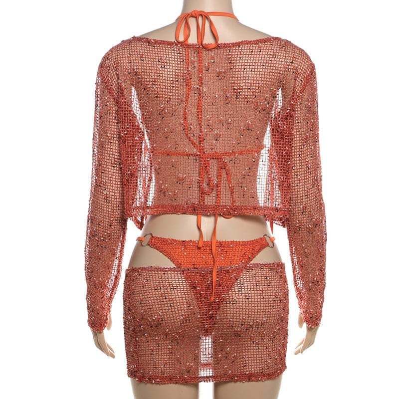 Long sleeve hollow out o ring halter 4 piece mini skirt set