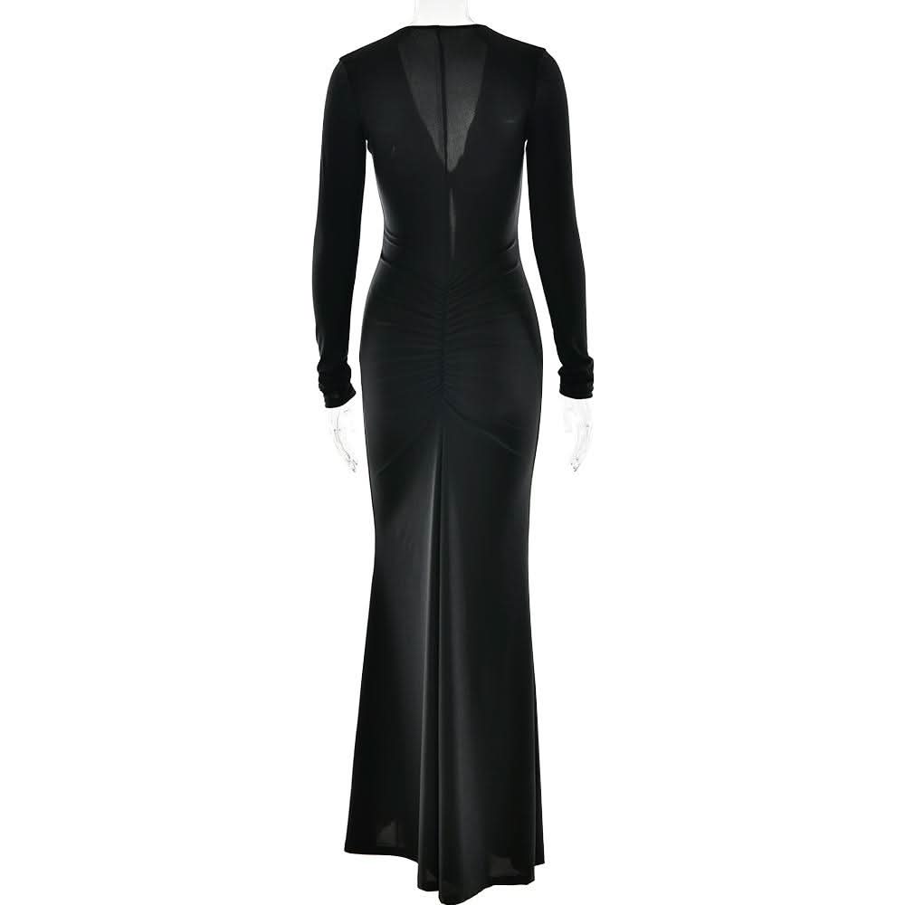 Long sleeve v neck ruched hollow out cut out maxi dress