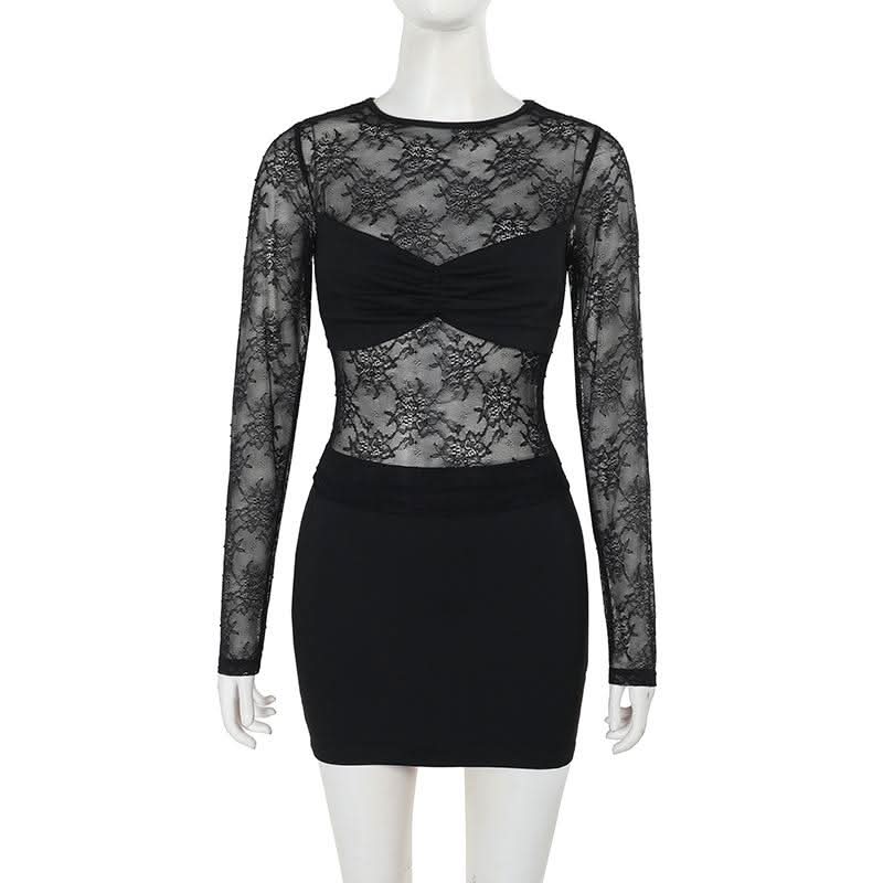 Crewneck long sleeve lace mini skirt set