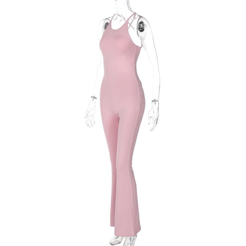 U neck cross back solid backless cami jumpsuit