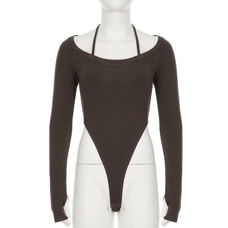 Halter long sleeve knitted self tie bodysuit