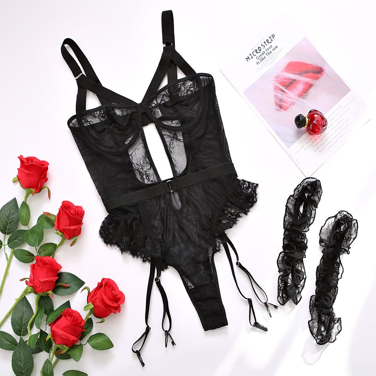 O ring lace garter hollow out bodysuit